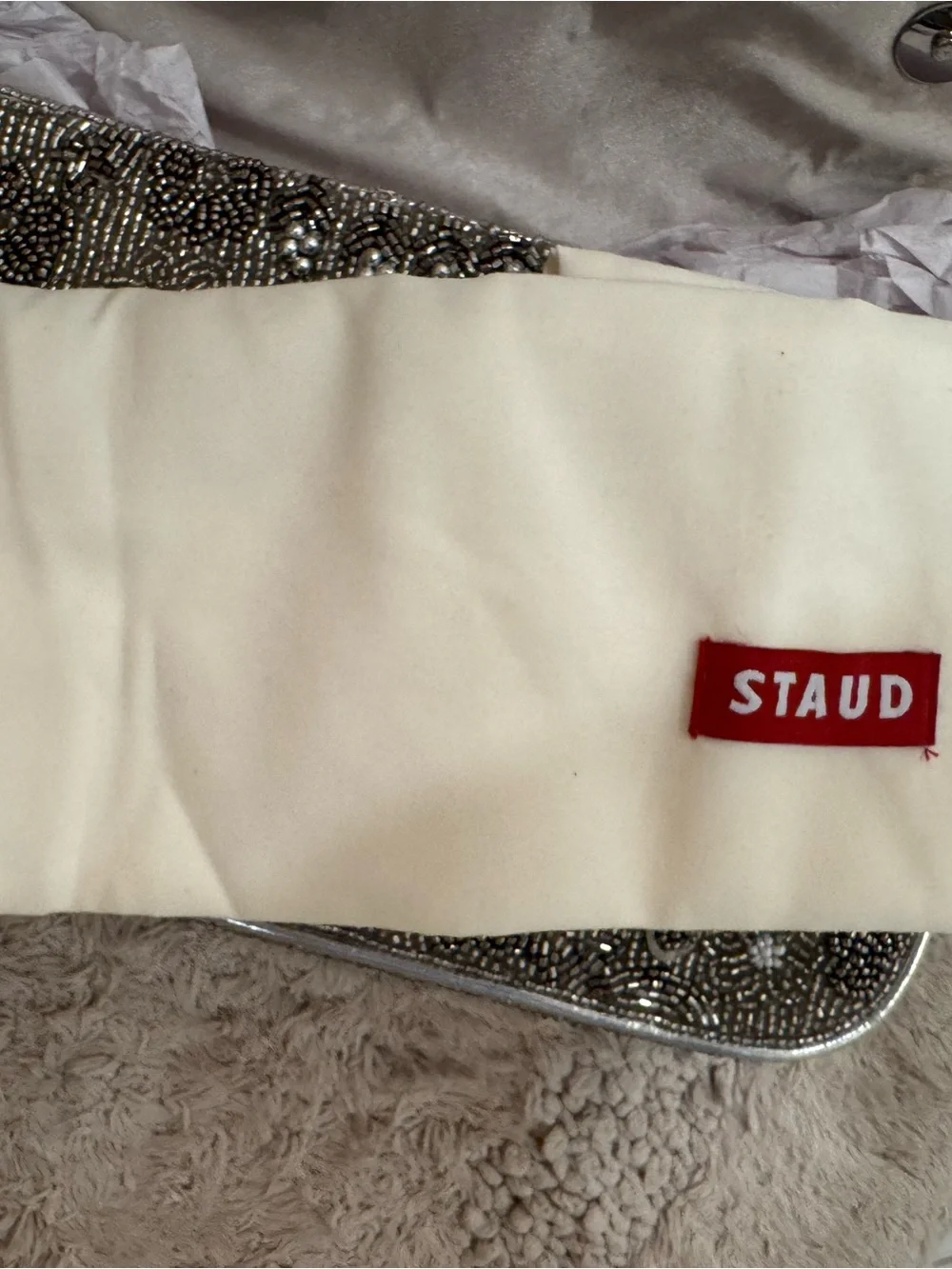 STAUD Tommy Garden Party Beaded Floral Evening Bag in Silver colorway 10x6 in